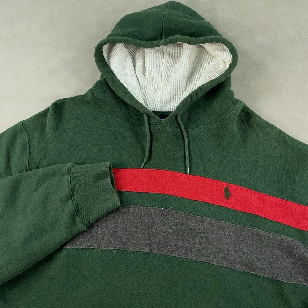 Vintage 90s Polo‎ Ralph Lauren Striped Hoodie Sweatshirt Green Red Mens Size XL